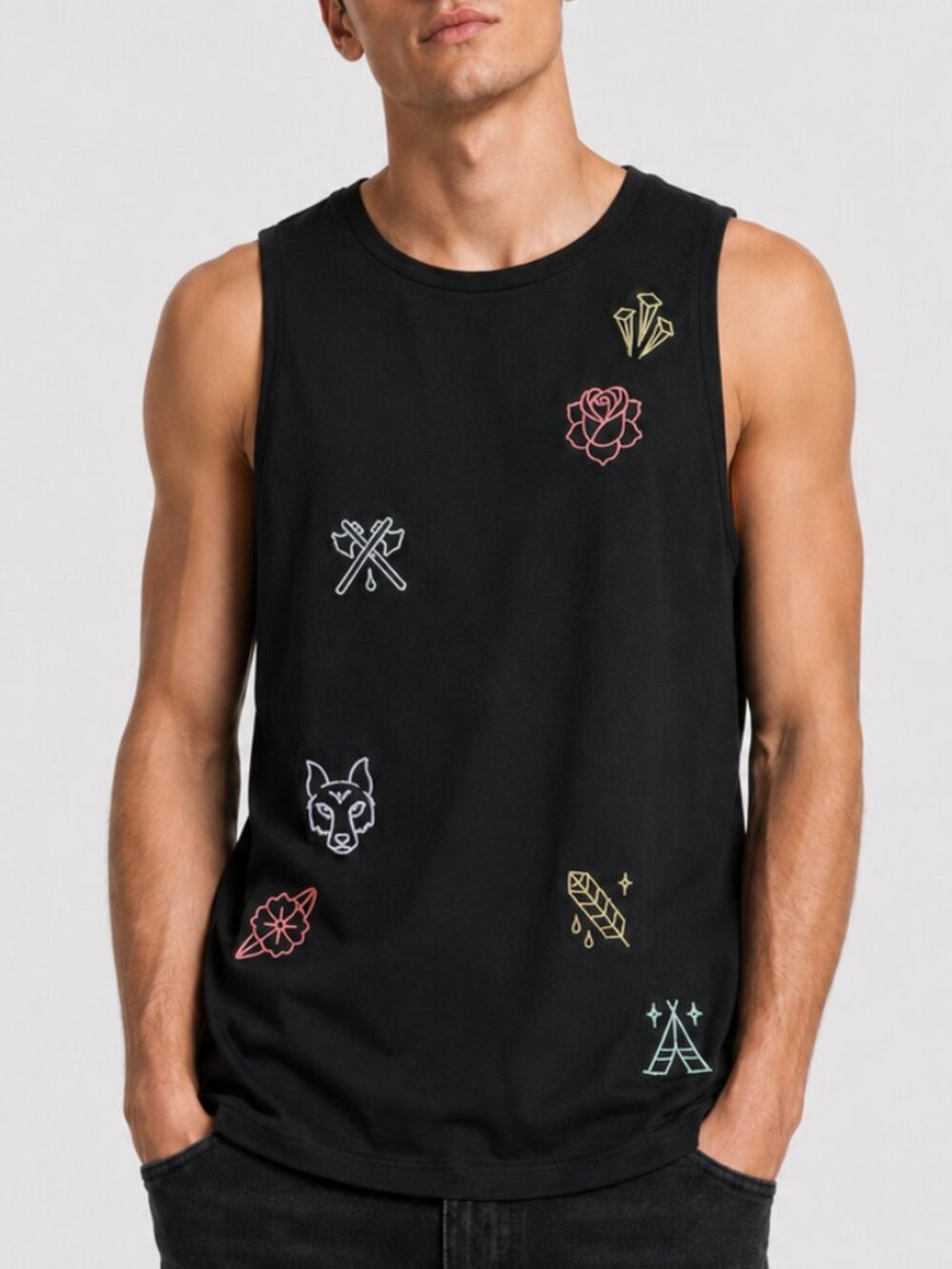 PacSun Tank Top Men Sizes S Black Embroidered Rose Skull Bones Fox NEW